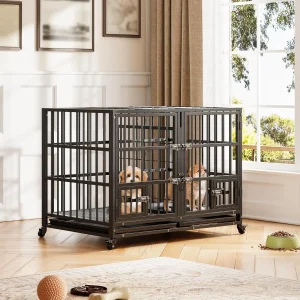 42/48 inch Heavy Duty Dog Crate with 4 Lockable Wheels